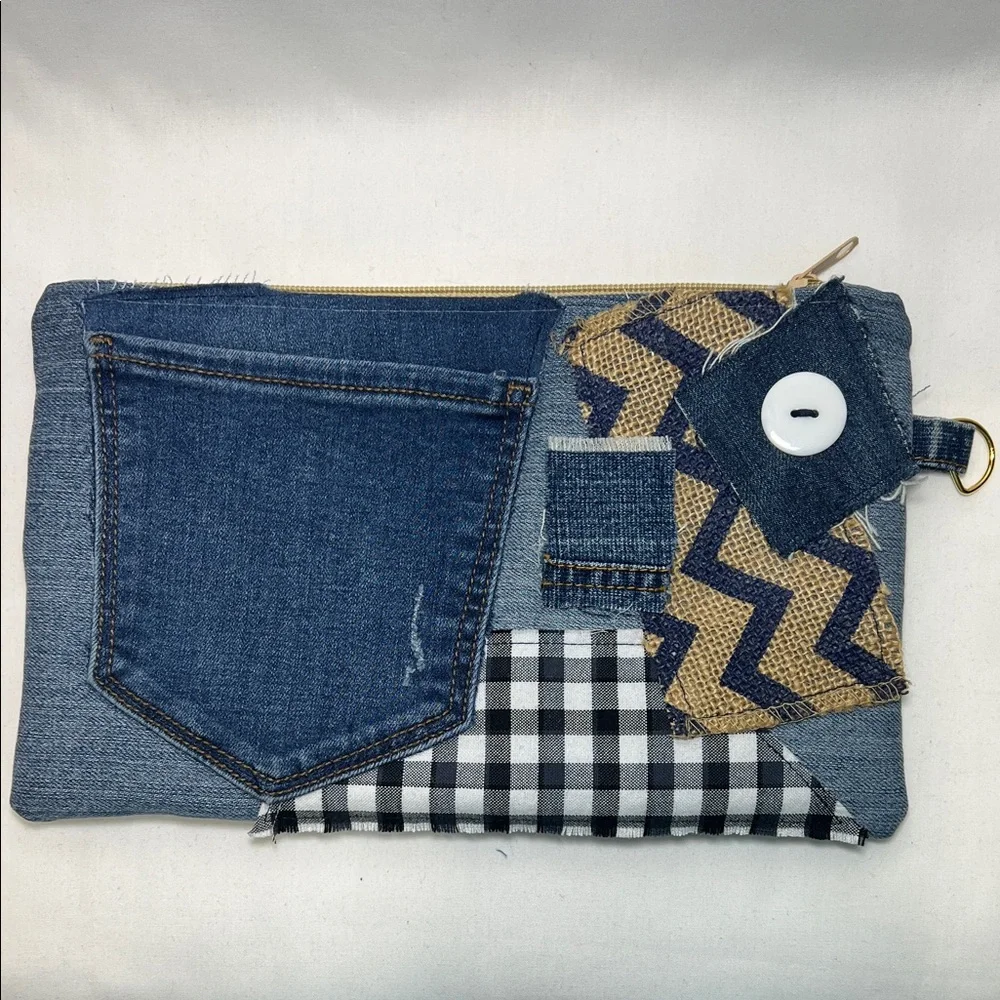 Handmade Blue and Tan Patchwork Clutch - Picture 4 of 7